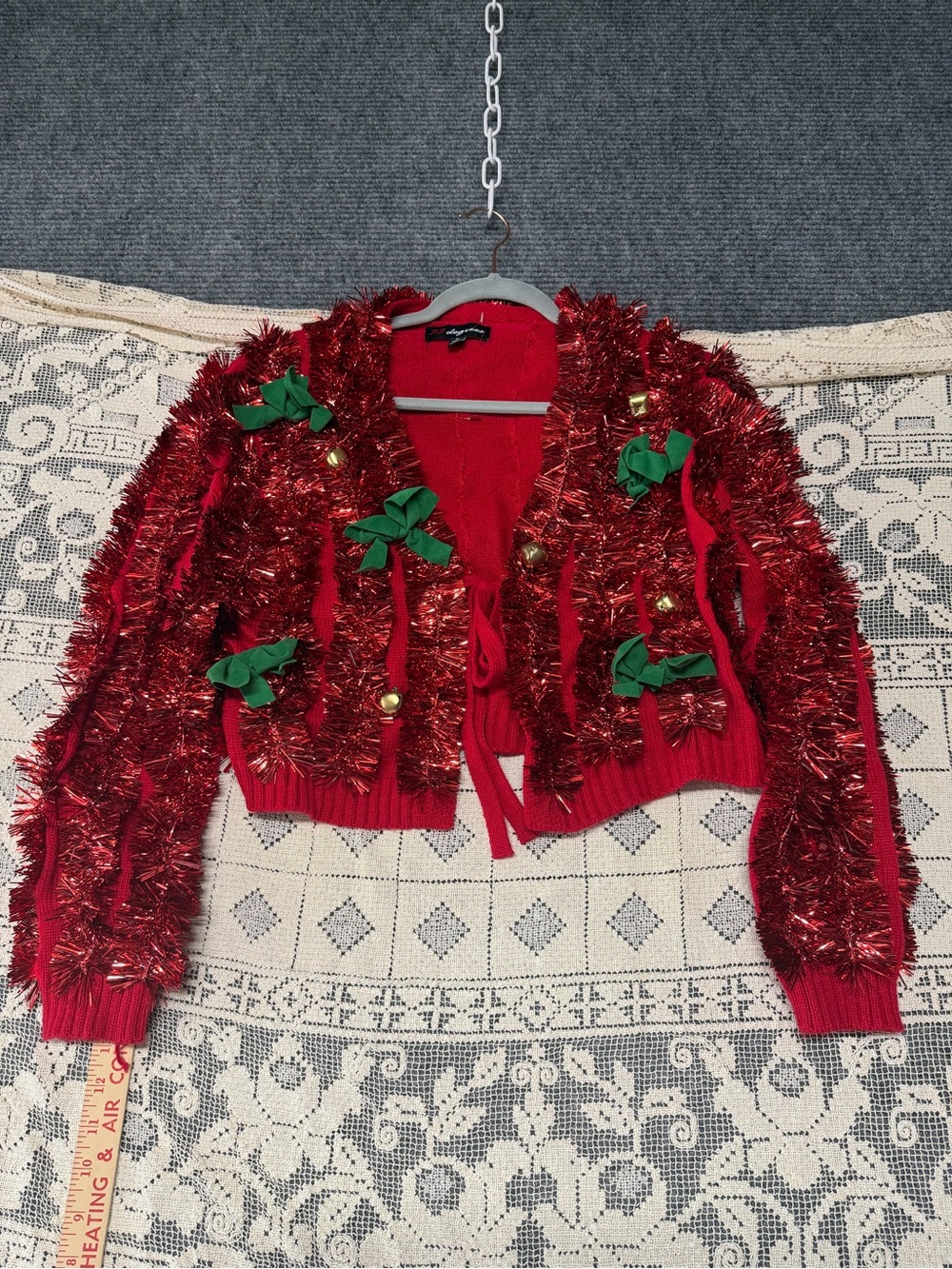 Festive Red Tinsel Cardigan Sweater - Holiday Accent bows & bells